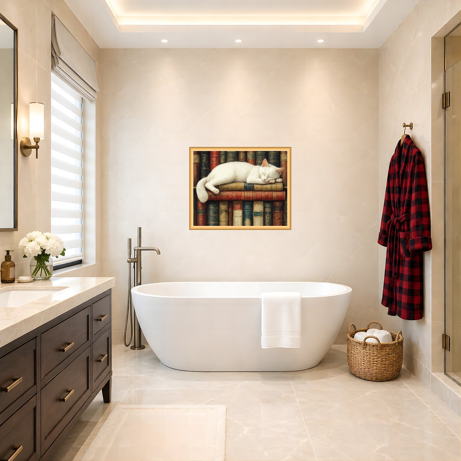 White cat artwork in a Modern bathroom mockup